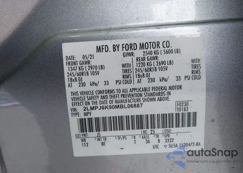 2021 Lincoln Nautilus Reserve z USA, uszkodzony, nr VIN 2LMPJ6K90MBL06887